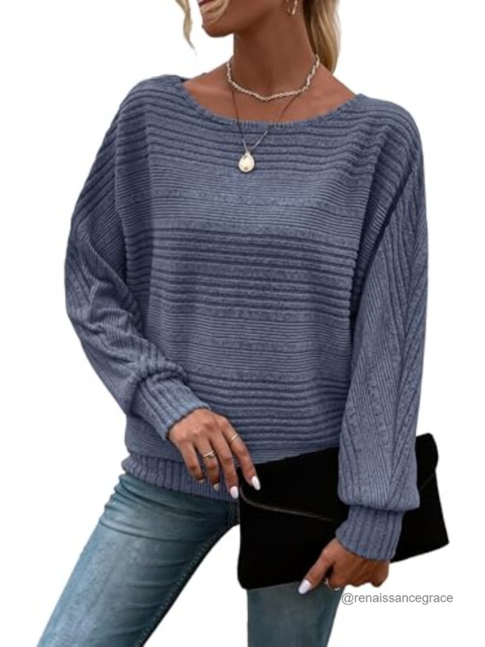 RICHSTORY Women's Long Sleeve Tunic Top Batwing Sleeve Crewneck Pullover Sweater
